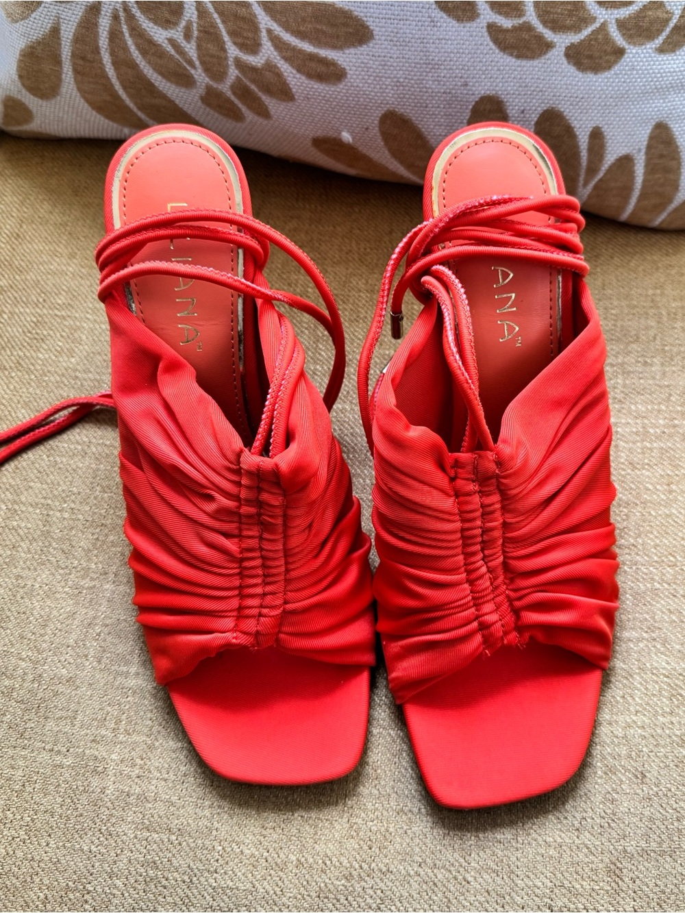 Liliana Orange Ruched Slide Heels with Wrap Ties